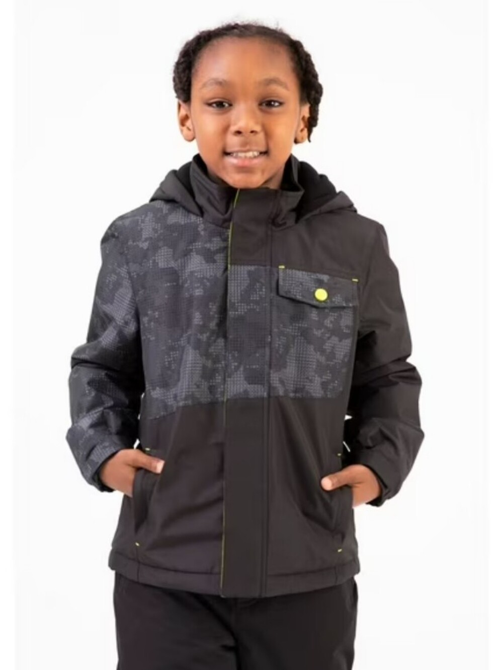 Free Country Boys' Black and Gray Camo Hooded Snow Jacket Size XS 4/5